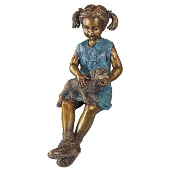 Sitting Savannah Girl with Dog Cast Bronze Garden Statue Petting Puppy